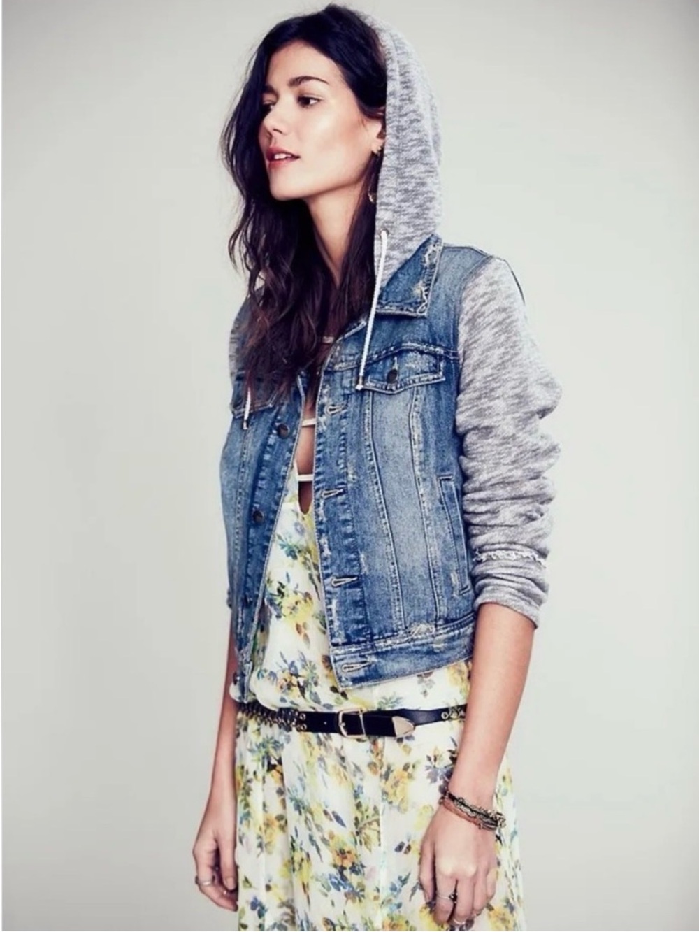 Free People Light Blue Denim Jacket with Gray Hoodie Sleeves